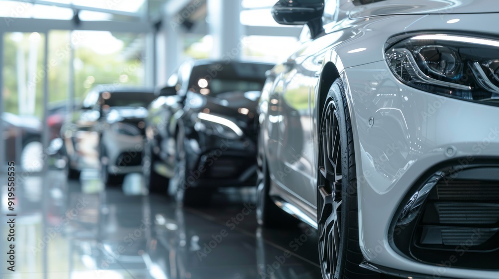A row of cars are on display in a showroom A row of cars are on display in a showroom