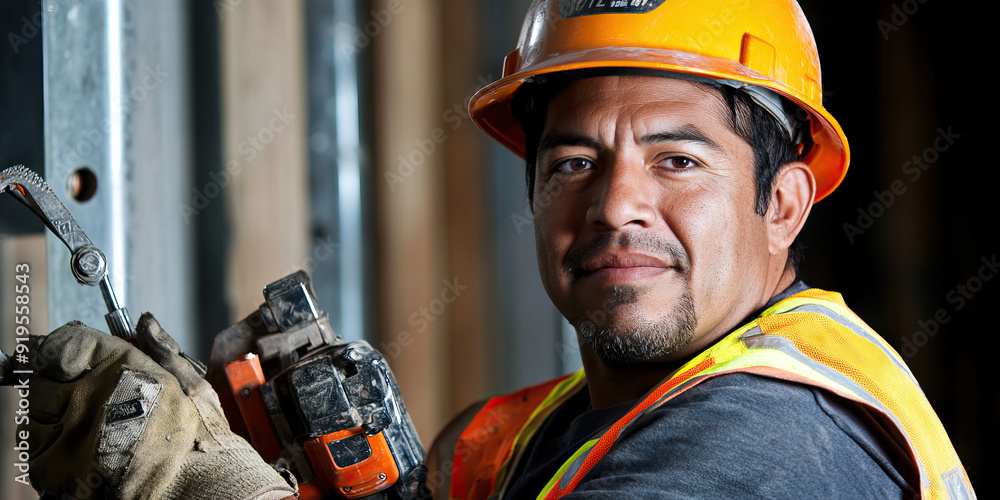 Obraz premium Hispanic construction worker, hard hat and reflective vest, using power tools on a building site.