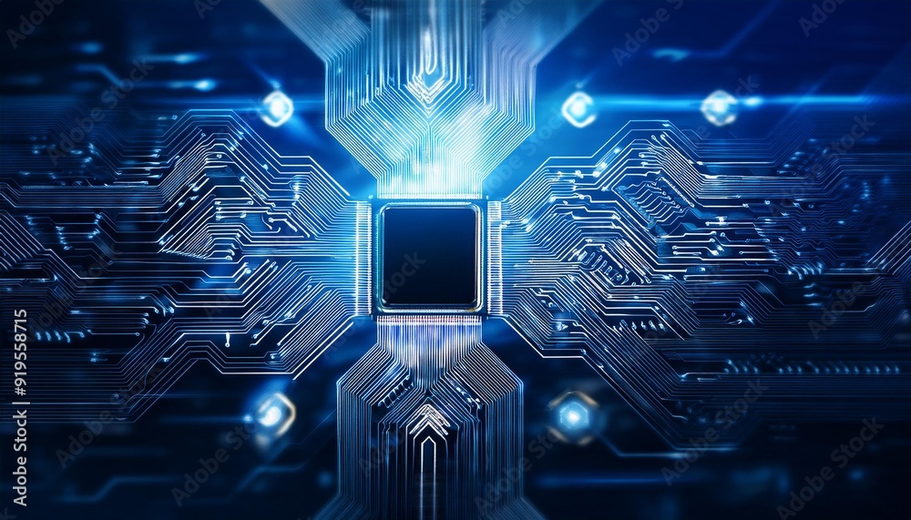glowing microchip with ai neural network overlay futuristic circuit board blue and white color scheme tech concept glowing microchip with ai neural network overlay futuristic circuit board blue and white color scheme tech concept