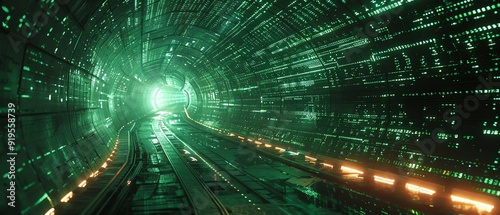 A tunnel with digital code flowing along the walls, like The Matrix photo