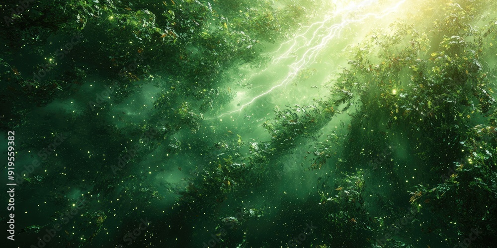 Fototapeta premium A Bright Lightning Bolt Piercing Through Green Foliage and a Starry Sky