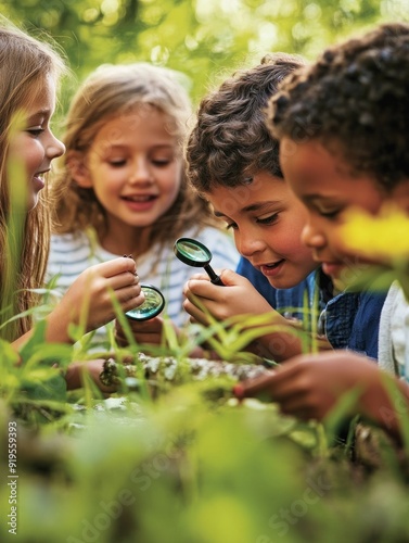 Obraz na płótnie Group of kids investigate nature with magnifying glasses. w salonie