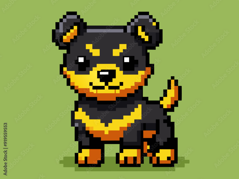 Dog pixel art. Mixes breed cute puppy, 8 bit pixel style. Video game retro pixelated dog mascot, black and yellow friendly dog avatar. Playful meme character. Isolated vector illustration.
Dog pixel art. Mixes breed cute puppy, 8 bit pixel style. Video game retro pixelated dog mascot, black and yellow friendly dog avatar. Playful meme character. Isolated vector illustration.