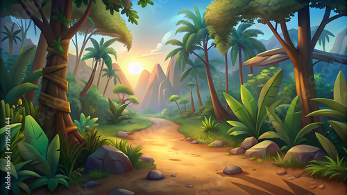 Fototapeta Naklejka Na Ścianę i Meble -  Horizontal cartoon background jungle with hiking road
