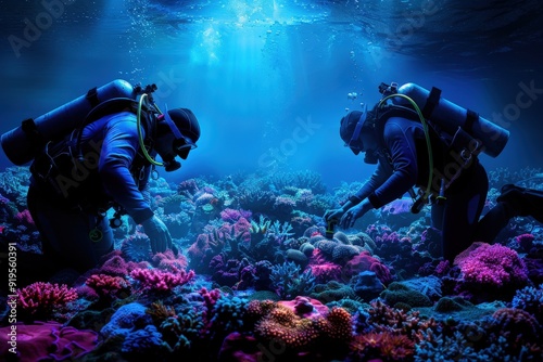 Wallpaper Mural Two scuba divers explore a colorful coral reef, showcasing the stunning biodiversity and vibrant marine life beneath the ocean's surface, bathed in sunlight. Torontodigital.ca