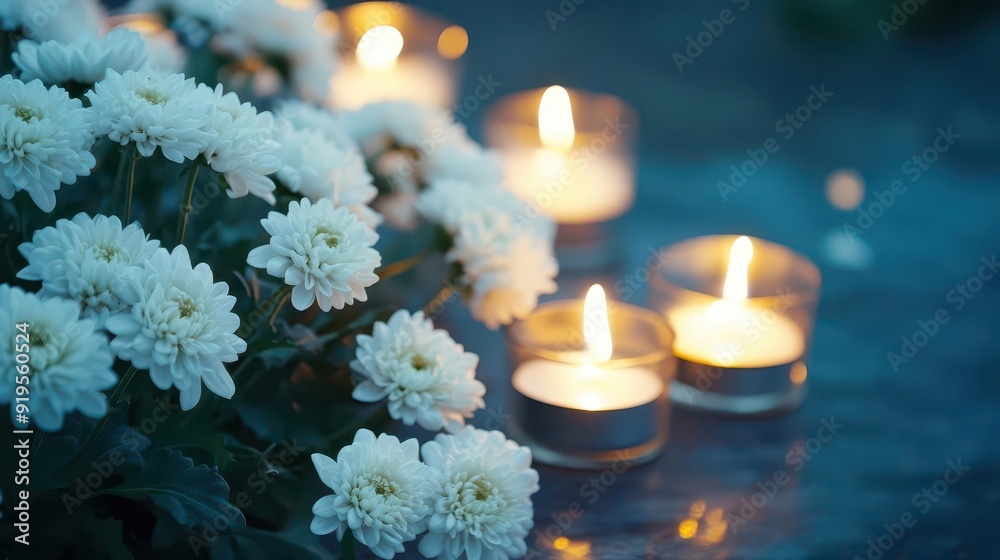 A tranquil memorial scene with white chrysanthemums and flickering candles in the breeze