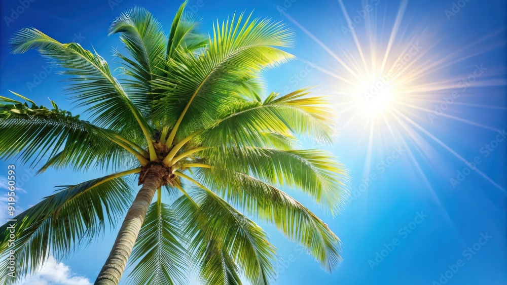 Fototapeta premium Tropical palm tree with sunlight on sky background , palm tree, tropical, copy space, sun light, sky, nature, vacation, paradise