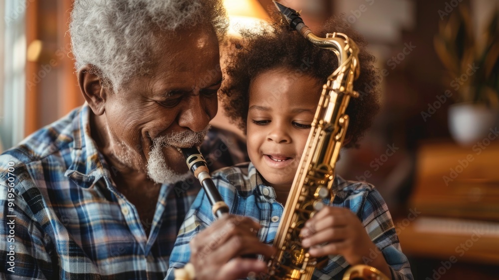 Naklejka premium A grandparent playing a musical instrument, sharing their love of music with their grandchild
