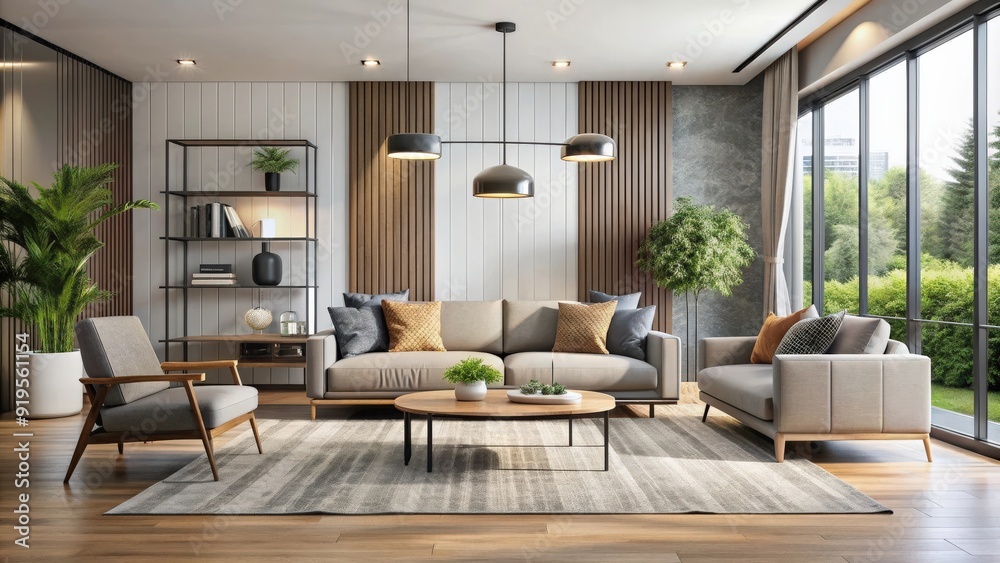 Fototapeta premium Modern living room interior with sleek furniture and contemporary decor , minimalistic, elegant, cozy