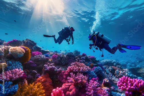 Wallpaper Mural Scuba divers glide over a colorful coral reef, marveling at the underwater paradise of diverse marine species and intricate coral formations illuminated by sunlight. Torontodigital.ca