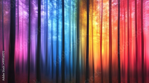 A Mystical Rainbow Forest with Blurred Tree Trunks and Foggy Atmosphere