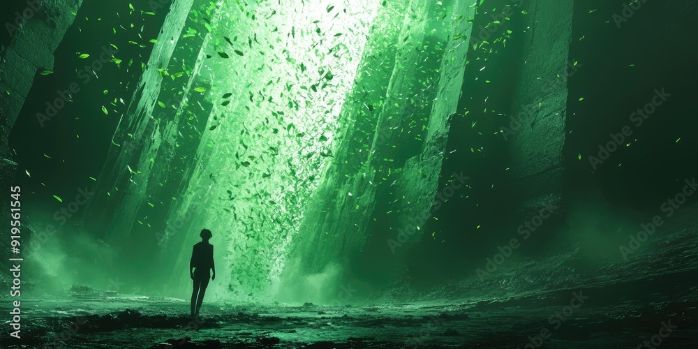 Fototapeta premium A lone figure stands before a swirling green vortex in a dark, cavernous space.