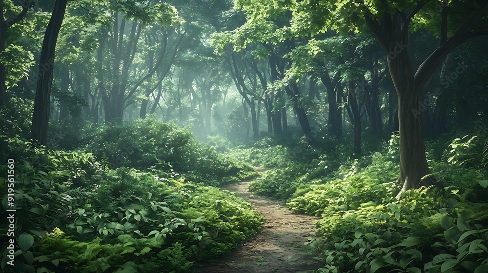 Sunbeams dance through emerald canopy, illuminating a winding path in a pristine woodland Sunbeams dance through emerald canopy, illuminating a winding path in a pristine woodland