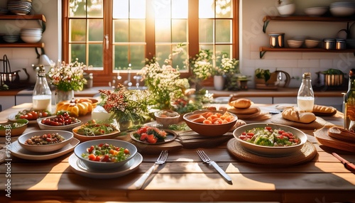 gourmet farmtotable spread featuring artfully plated dishes made with fresh locallysourced ingredients rustic wooden table in a sundrenched country kitchen setting photo