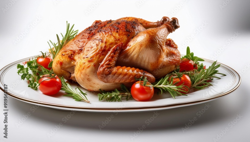 gourmet roasted chicken on an elegant white plate perfectly garnished with fresh herbs and vegetables set against a clean white background for maximum visual impact gourmet roasted chicken on an elegant white plate perfectly garnished with fresh herbs and vegetables set against a clean white background for maximum visual impact