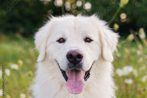 Cute large white dog front view portrait. Great Pyrenees dog with tounge out outdoors headshot.