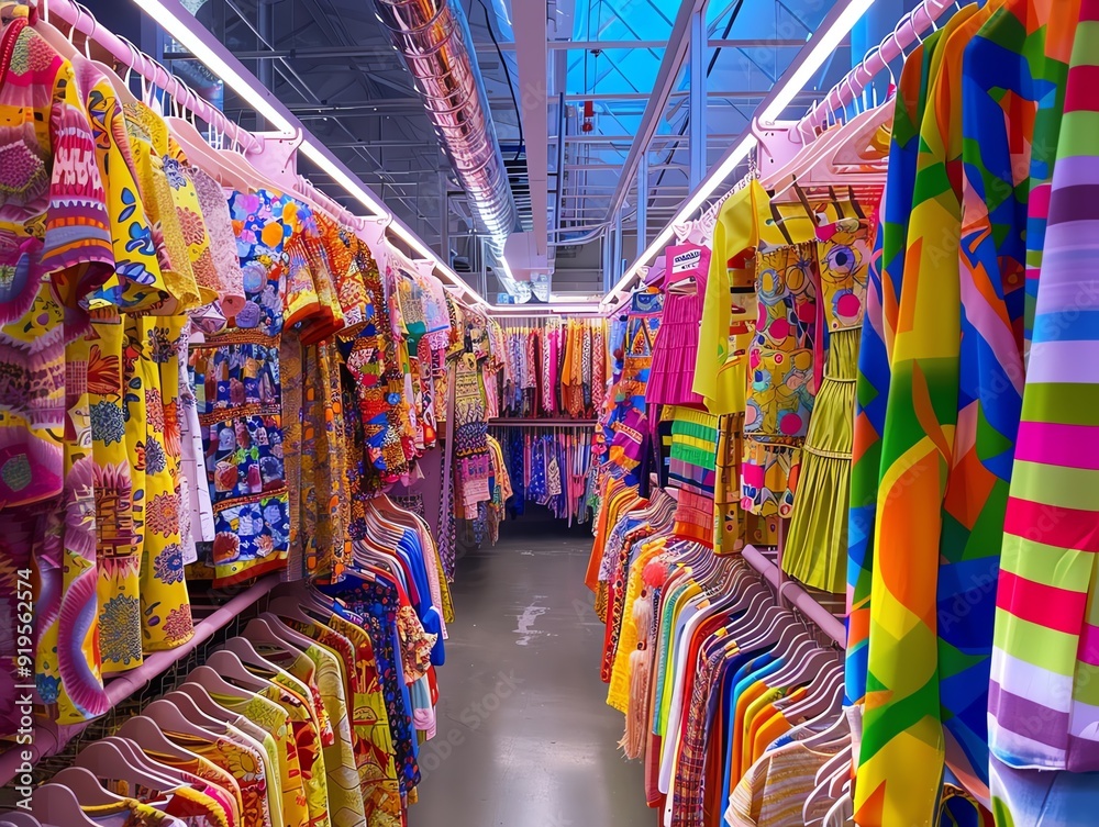 Fototapeta premium Step into a vibrant fast fashion market where colorful fabrics and patterns blend seamlessly
