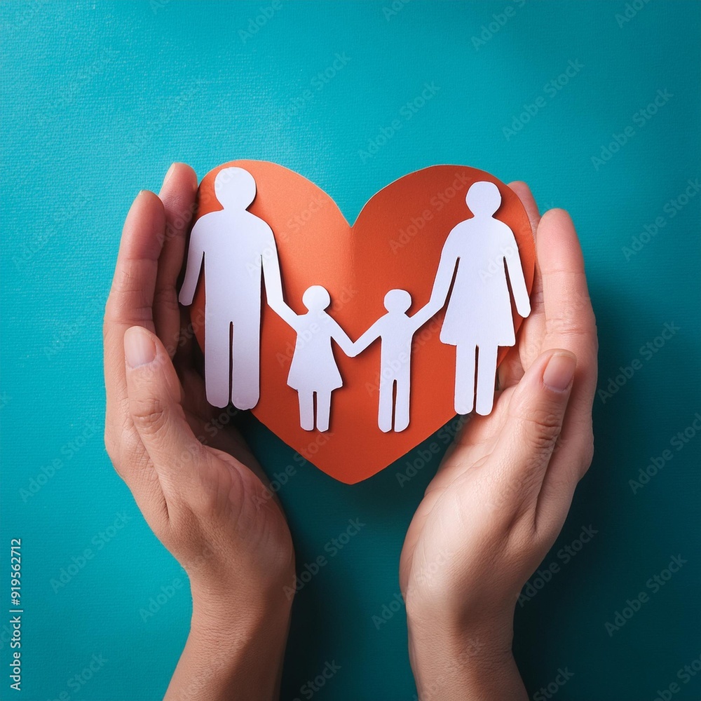 Hands holding heart-shaped paper cutout of family, concept illustration for foster care and support Hands holding heart-shaped paper cutout of family, concept illustration for foster care and support