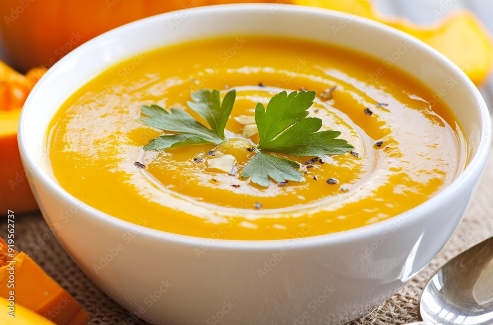 Steaming bowl of creamy pumpkin soup garnished with parsley