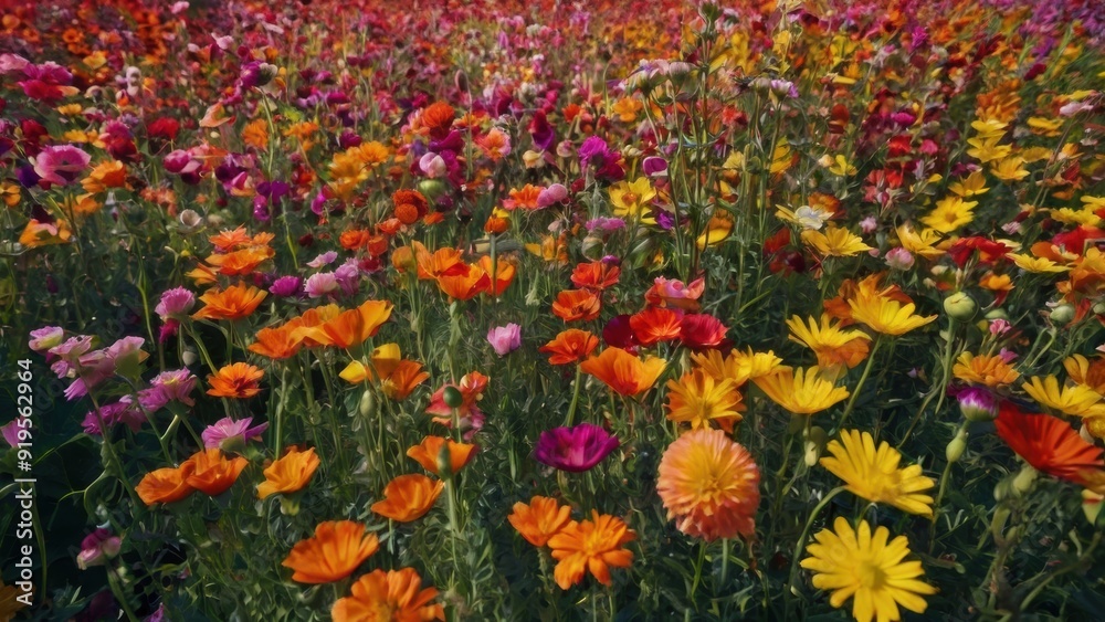 A field of abstract flowers in vibrant hues symbolizing growth, diversity, and renewal A field of abstract flowers in vibrant hues symbolizing growth, diversity, and renewal