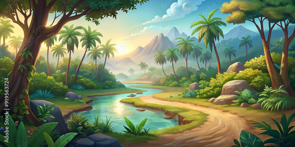 Naklejka premium Horizontal cartoon background jungle with hiking road