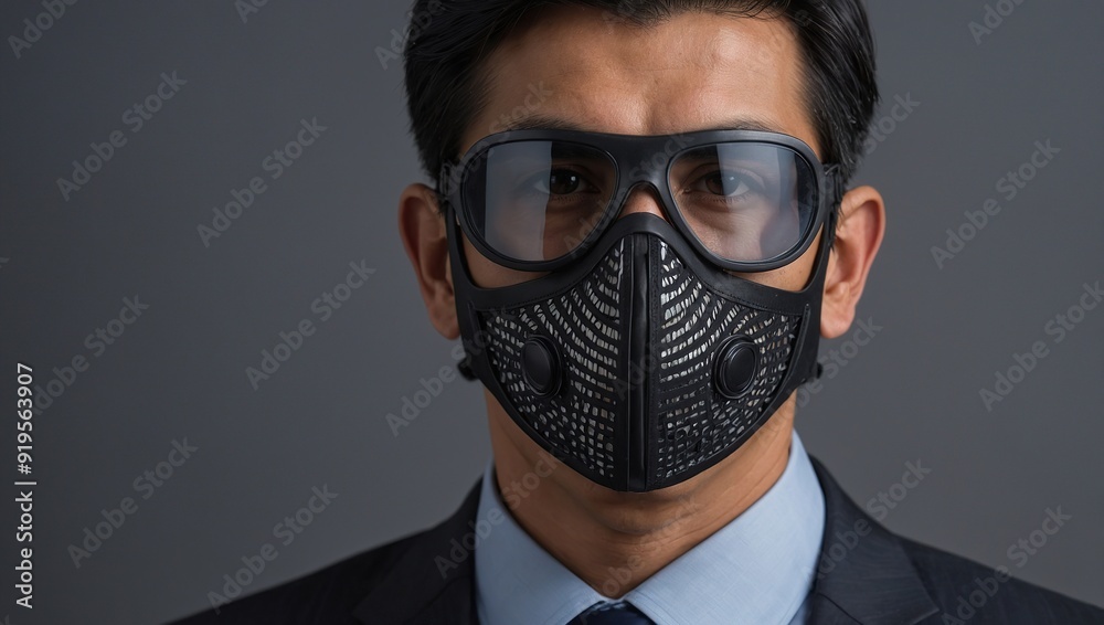 Portrait, business man and spy with mask in studio isolated on gray background Portrait, business man and spy with mask in studio isolated on gray background