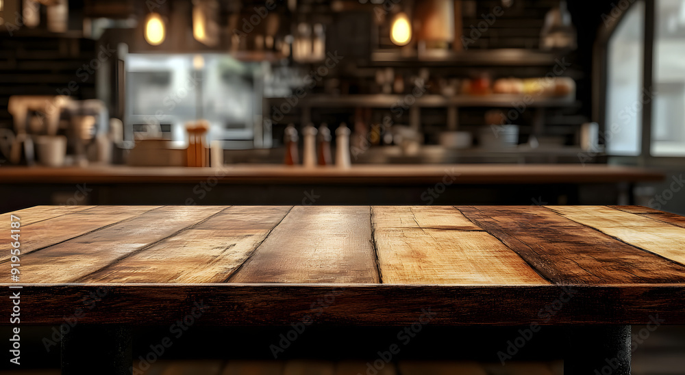 Empty Wooden Table Top with Blurred Restaurant Background Empty Wooden Table Top with Blurred Restaurant Background