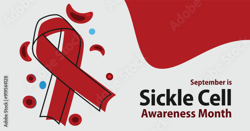September is Sickle Cell Awareness Month. Line art red ribbon. Congenital anemia disease.