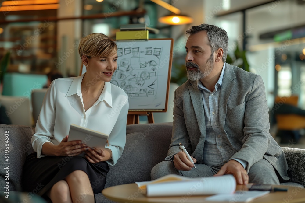 Business colleagues have a serious discussion while sitting on a couch.