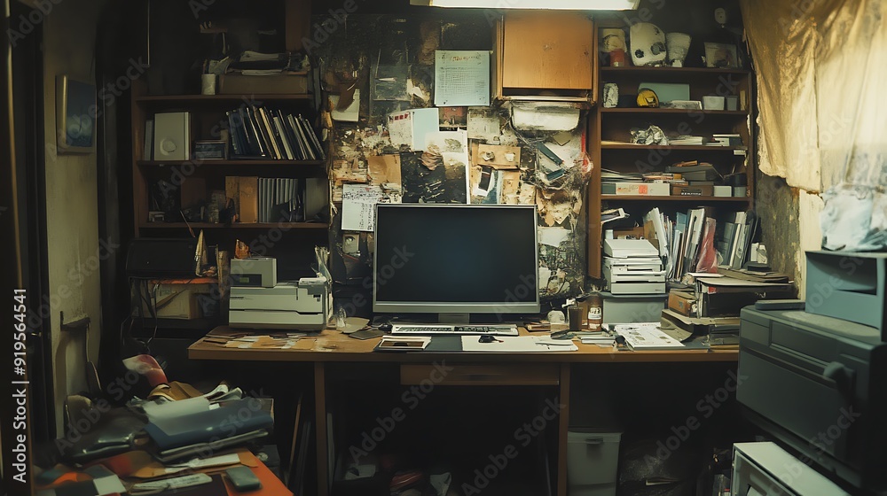 A cluttered workspace with a computer monitor, shelves, and a desk A cluttered workspace with a computer monitor, shelves, and a desk