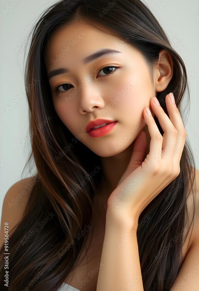 Young Asian Woman with Flawless Skin Posing in Minimalist Setting Young Asian Woman with Flawless Skin Posing in Minimalist Setting