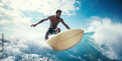 Young African American man surfing waves on beach with surfboard