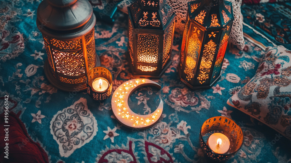 Fototapeta premium A flat lay of Ramadan-themed table decor Islamic Ramadan