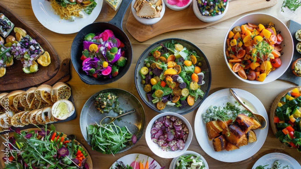 A Feast of Freshness: A Delicious Spread of Colorful Salads, Appetizers, and Roasted Vegetables A Feast of Freshness: A Delicious Spread of Colorful Salads, Appetizers, and Roasted Vegetables