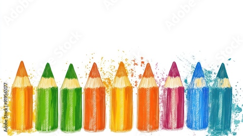Closeup of 8 colorful pencils on white background with pencil shavings.