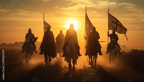 Medieval knights on horseback, sunset, ready for battle photo