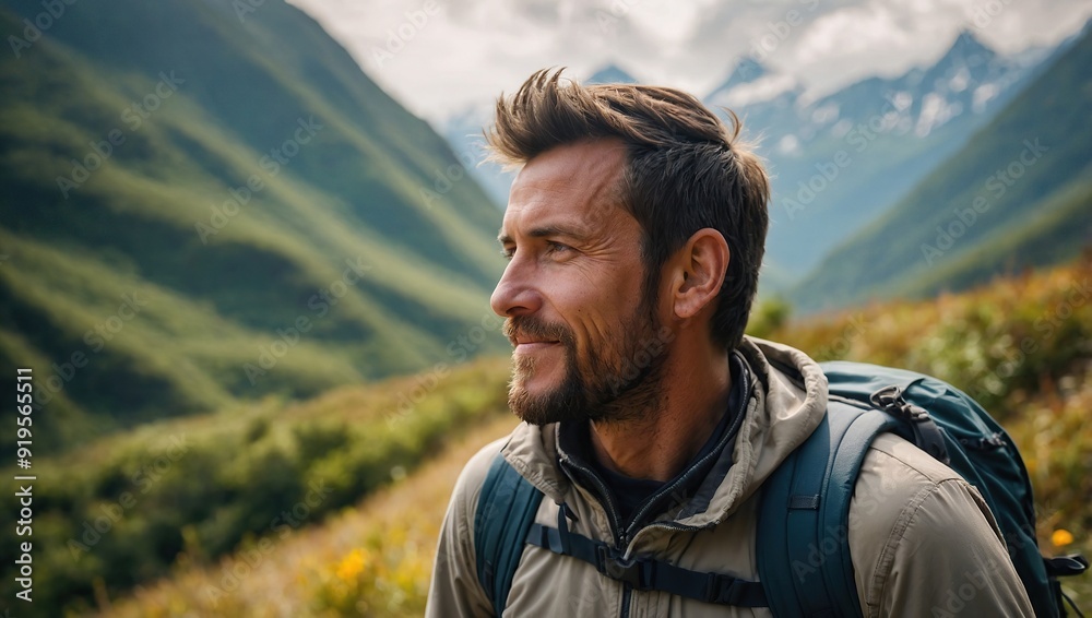 Portrait, mountains and hiking with man, view and journey with nature, environment and getaway trip. Ocean, person and hiker with backpack, adventure and fitness with happiness, holiday and wellness Portrait, mountains and hiking with man, view and journey with nature, environment and getaway trip. Ocean, person and hiker with backpack, adventure and fitness with happiness, holiday and wellness