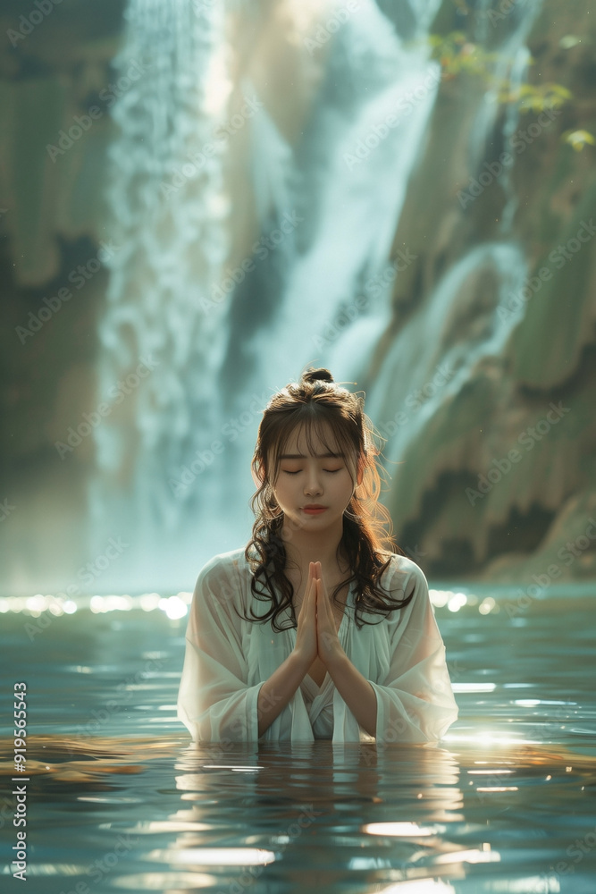 young female praying and meditating in a lotus position in the water. 