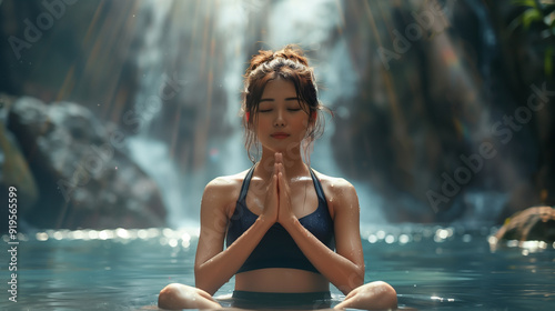 young female praying and meditating in a lotus position in the water.  photo