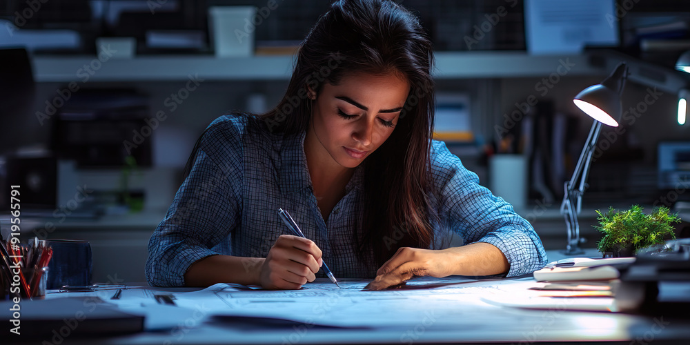 Hispanic female engineer working on blueprints at desk in office Hispanic female engineer working on blueprints at desk in office