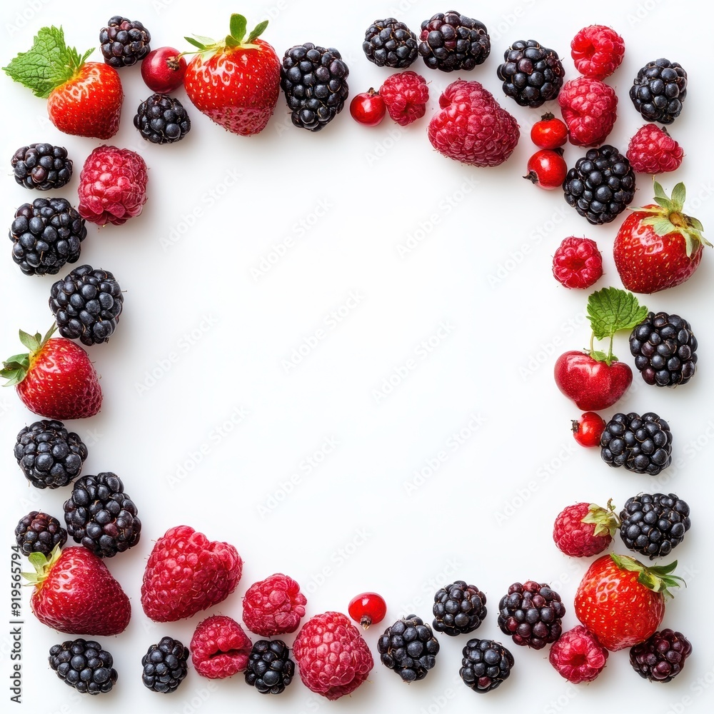 Mixed berries arranged in a decorative frame for an advertisement backdrop Mixed berries arranged in a decorative frame for an advertisement backdrop