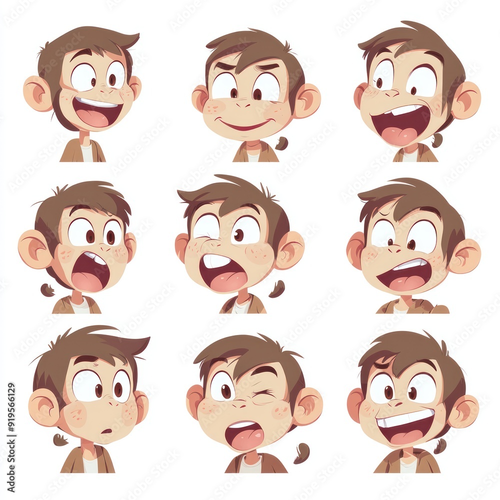 A cartoon monkey with different facial expressions, isolated on a white background. A cartoon monkey with different facial expressions, isolated on a white background.