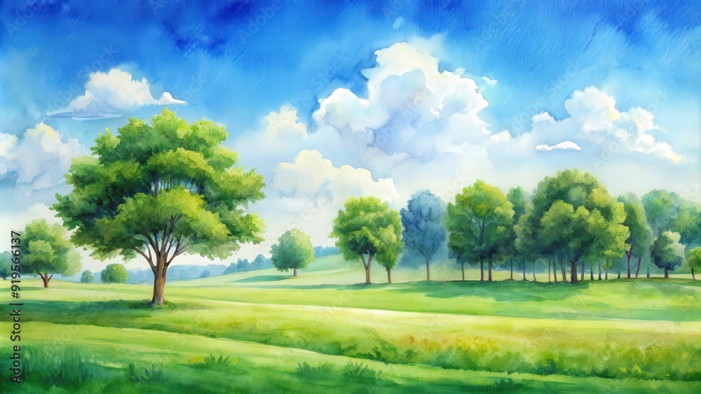 Obraz premium Watercolor painting of a green field landscape with trees and blue sky, watercolor, green, field, landscape, trees