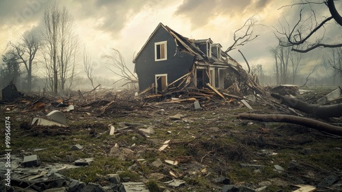 A devastating scene of a house collapsed due to tornado gusts, with fallen trees and debris scattered around the ruins. photo