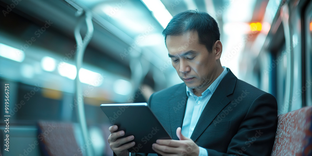 Asian male businessman using digital tablet while commuting on train Asian male businessman using digital tablet while commuting on train