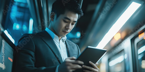 Wallpaper Mural Asian male businessman using digital tablet while commuting on train Torontodigital.ca