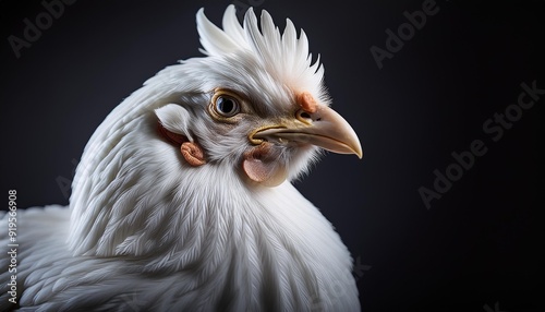 hyperrealistic white chicken portrait intricate feather details dramatic lighting studiostyle isolated shot slight motion blur photo