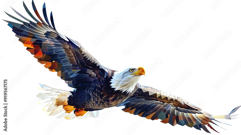 Obraz premium Polygonal bald eagle, midflight, white backdrop, majestic and geometric
