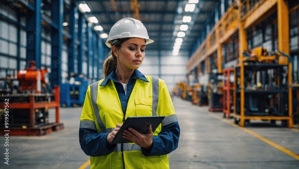 © LIFE LINE - Professional Heavy Industry Engineer Worker Wearing Safety Uniform and Hard Hat, Using Tablet Computer. Serious Successful Female Industrial Specialist Walking in a Metal Manufacture Warehouse