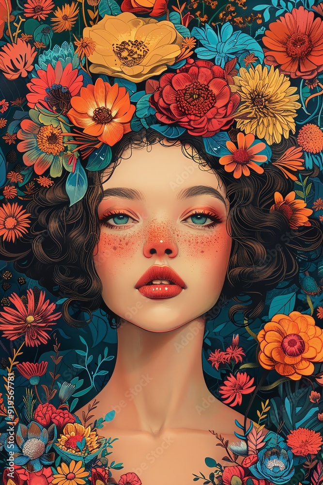 Retro illustration, woman with flowers in hair, vibrant colors, detailed Retro illustration, woman with flowers in hair, vibrant colors, detailed